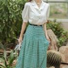 Set: Short-sleeve Lace Trim Blouse + Check Pleated Midi A-line Skirt