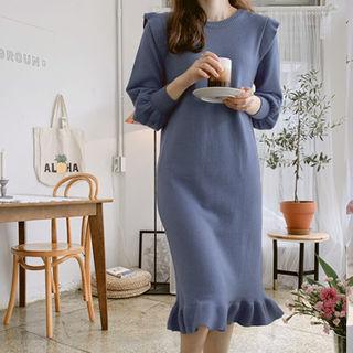 Bishop-sleeve Ruffle-trim Midi Knit Dress