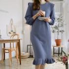 Bishop-sleeve Ruffle-trim Midi Knit Dress
