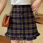 Frilled Hem Buttoned Plaid Mini Pencil Skirt