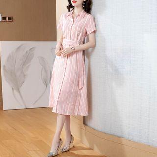 Pinstriped Short-sleeve Midi A-line Shirt Dress