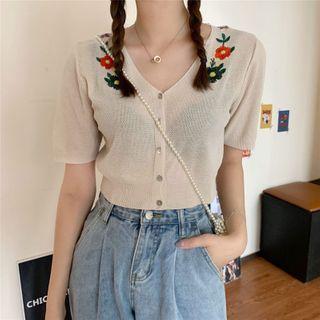 Floral Embroidered Short-sleeve Knit Cardigan