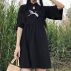 Elbow-sleeve Embroidered Frog Buttoned A-line Mini Dress