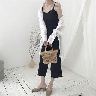Set: V-neck Knit Camisole Top + Cropped Wide-leg Pants