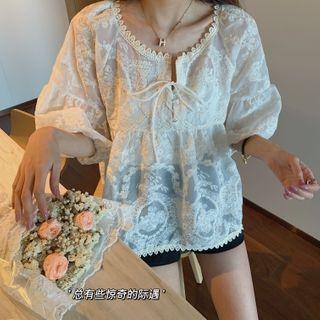 Lace-up Front Puff-sleeve Lace Top
