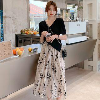 Set: Short-sleeve Asymmetrical Top + Floral Midi A-line Skirt