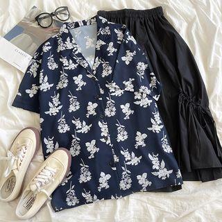 Short-sleeve Flower Print V-neck Shirt Floral - One Size