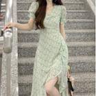 Short-sleeve V-neck Floral Slit Dress