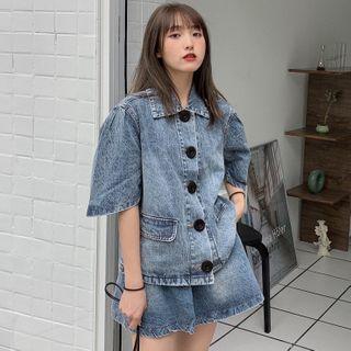 Elbow-sleeve Washed Denim Shirt / Mini A-line Skirt