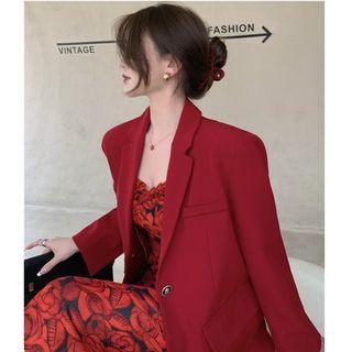 Plain Loose-fit Blazer / Rose Print Slim-fit Sleeveless Dress
