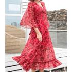 Bell-sleeve Pattern Wrap-front Dress Red - One Size