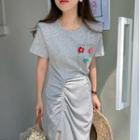 Short-sleeve Flower Detail Side-slit T-shirt Dress Flower - Gray - One Size