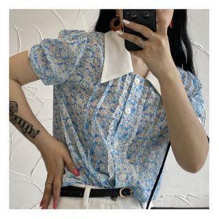 Contrast Collar Lace Trim Short-sleeve Blouse