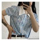 Contrast Collar Lace Trim Short-sleeve Blouse