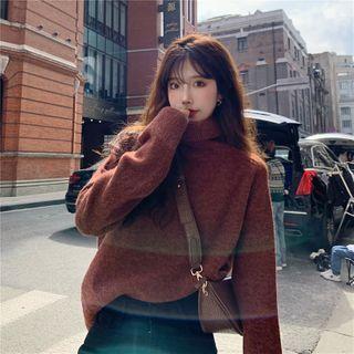 High-neck Long-sleeve Plain Knit Sweater