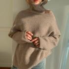 Turtleneck Cold-shoulder Sweater Beige - One Size
