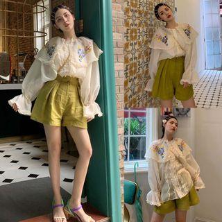 Floral Embroidered Ruffled Blouse / Wide Leg Shorts