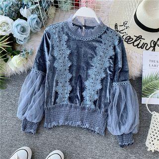 Lace-trim Velvet Long-sleeve Blouse