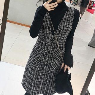 Set: Plaid Sleeveless A-line Dress + Turtleneck Sweater