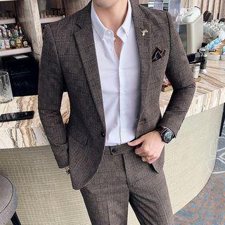 Set: Plaid Single-button Blazer + Tapered Dress Pants