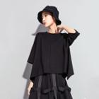3/4-sleeve Asymmetrical Blouse Black - One Size