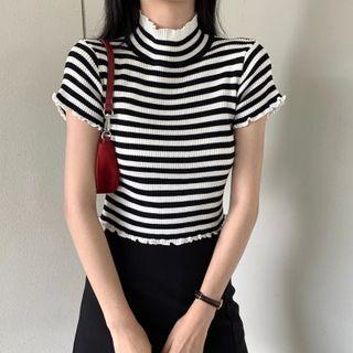 Short-sleeve Striped Frill Trim Mock-neck Knit Top