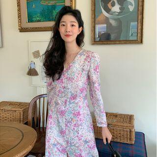 Button-up Floral A-line Long Dress Pink - One Size