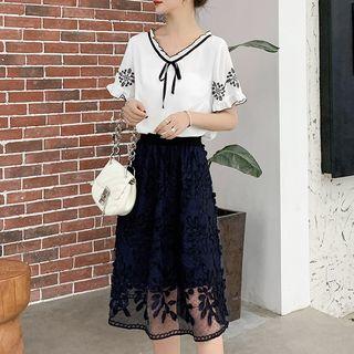Set: Embroidered Short-sleeve Top + Lace Midi Skirt