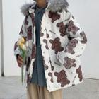 Furry Trim Hooded Bear Print Jacket