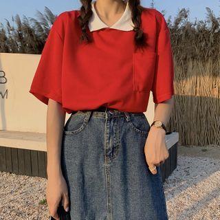 Set: Short-sleeve Polo Shirt + Denim Midi Skirt