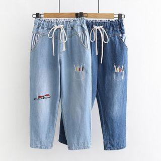 Pencil Embroidered Drawstring Cropped Jeans