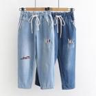 Pencil Embroidered Drawstring Cropped Jeans