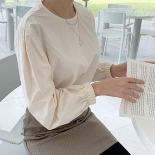 Round-neck Band-cuff Cotton Blouse