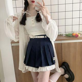 Frill Trim Light Jacket / Sleeveless Sailor Collar Crop Top / Pleated Mini Skort