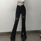 High Waist Cut-out Lace-up Slit Bootcut Jeans