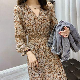 Long-sleeve Button-up Floral Print A-line Midi Dress