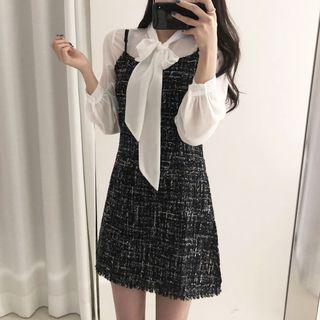Long-sleeve Ribbon Blouse / Spaghetti Strap Tweed A-line Mini Dress