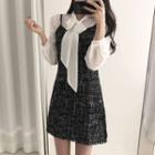 Long-sleeve Ribbon Blouse / Spaghetti Strap Tweed A-line Mini Dress
