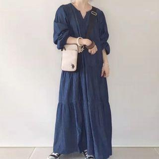 Long-sleeve Notched Midi Dress Dark Blue - One Size