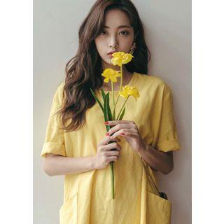 Pocket-side Linen Blend Mini Shift Dress