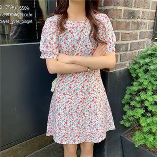 Floral Puff-sleeve Slim-fit Dress