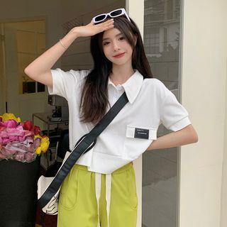 Polo-neck Pocket Shirt + Elastic-waist Plain Pants