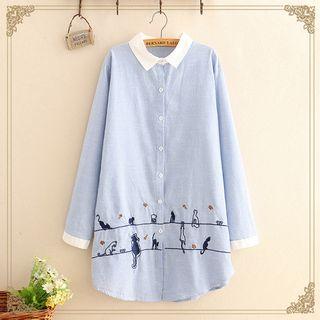Cat Embroidered Pinstripe Long-sleeve Shirt