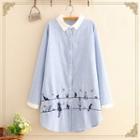 Cat Embroidered Pinstripe Long-sleeve Shirt