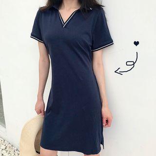 Short-sleeve Striped Trim A-line Mini Dress
