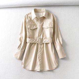 Faux Leather Belted Shirt Jacket