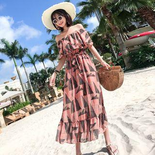 Off-shoulder Printed Midi Chiffon Dress