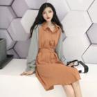 Long-sleeve Color Block Tie-waist Shirtdress As Shown In Figure - One Size