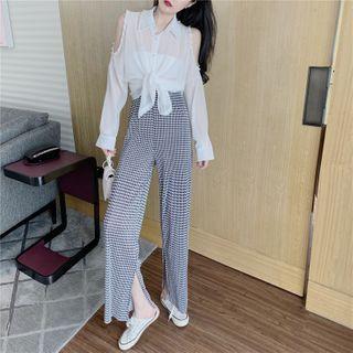 Long-sleeve Cold Shoulder Embellished Shirt / Houndstooth Print Pants