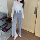 Long-sleeve Cold Shoulder Embellished Shirt / Houndstooth Print Pants